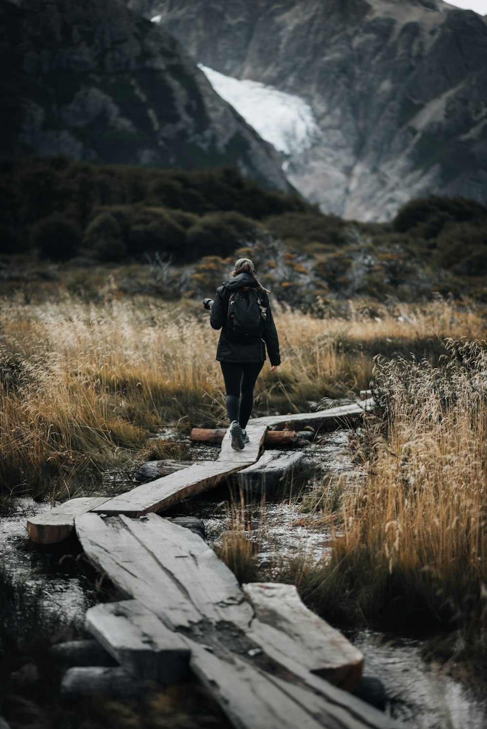 a person walking across a wooden bridge over a stream