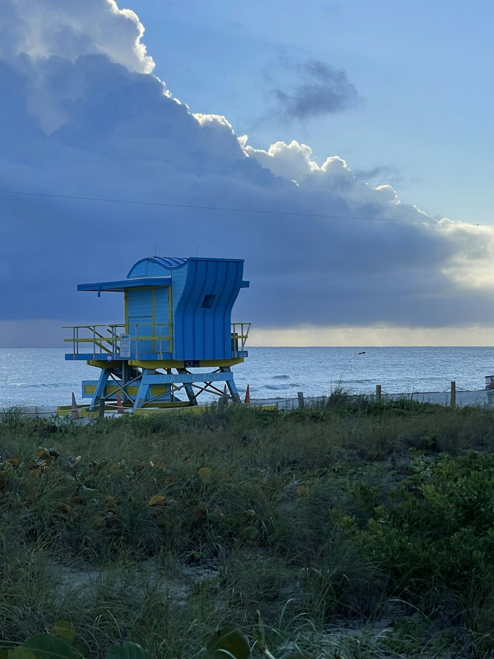 a blue lifeguard tower sitting on top of a lush green field