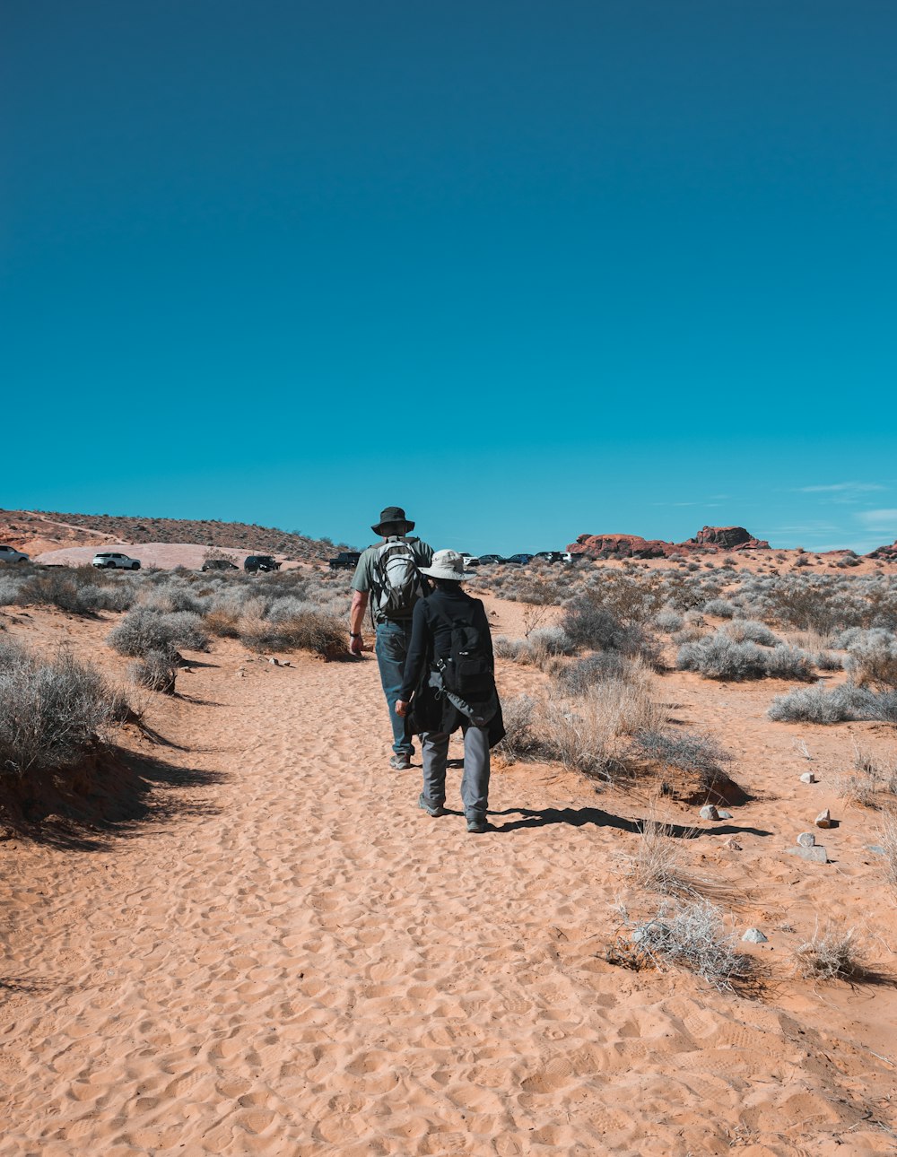 a man with a backpack walks through the desert