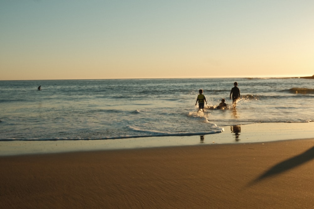 a couple of people walking into the ocean