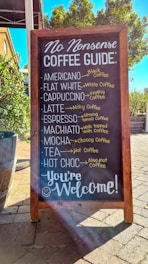 A wooden framed chalkboard sign is displayed outdoors, listing various coffee types and descriptions in white and yellow chalk. The categories include Americano, Flat White, Cappuccino, Latte, Espresso, Macchiato, Mocha, Tea, and Hot Choc, with humorous annotations next to each. The setting appears sunny, with trees and buildings in the background.
