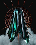 A dark, brutalist tech structure glowing with electric-blue pulse lines and floating data shards.