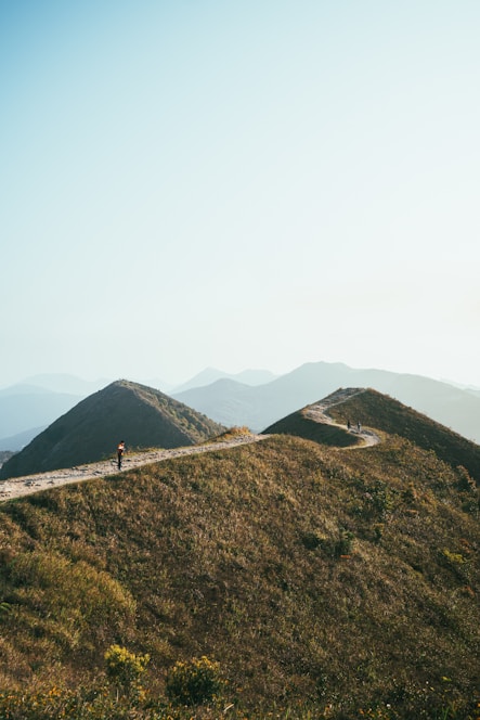 A serene mountain trail bathed in soft pale blue light with a lone hiker enjoying the view