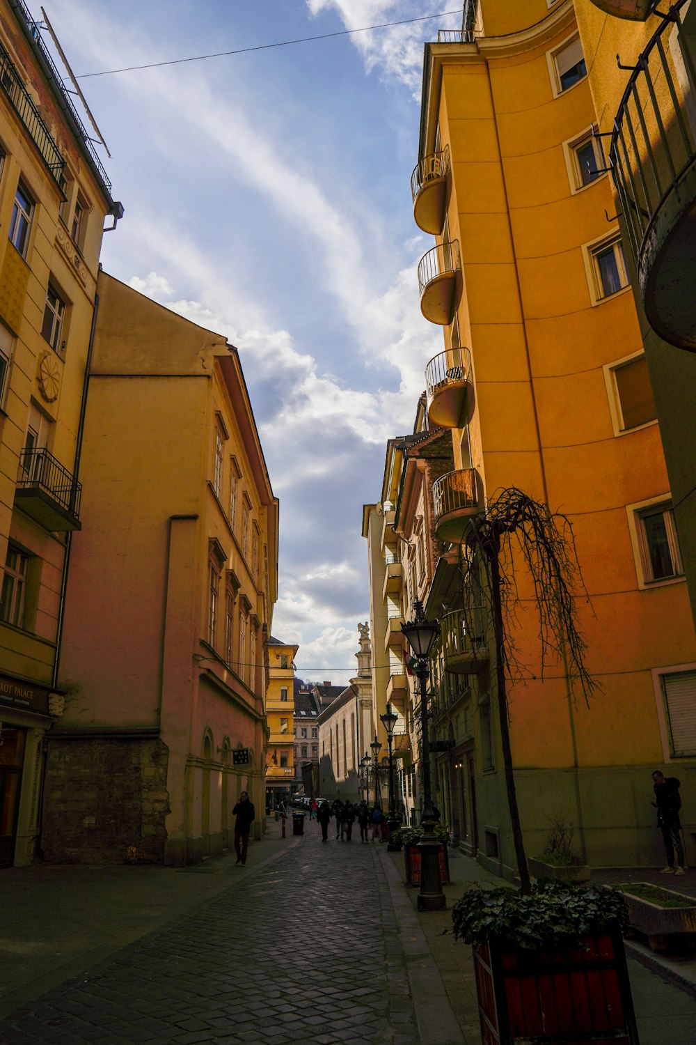 a cobblestone street lined with tall buildings