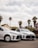 Two white cars are parked side by side on a paved area, with a background of palm trees and partly cloudy skies. A signboard with a promotional image is visible in the background.