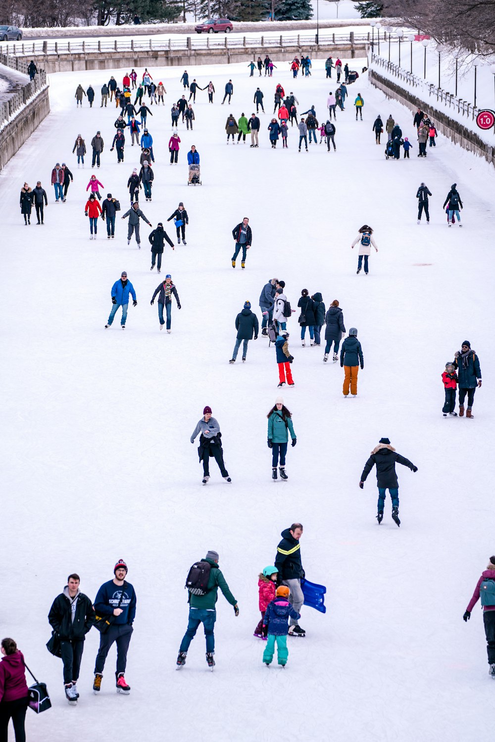 a large group of people skiing down a hill
