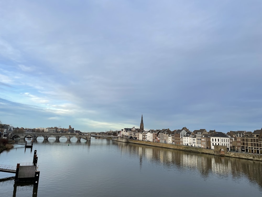 a river running through a city next to a bridge