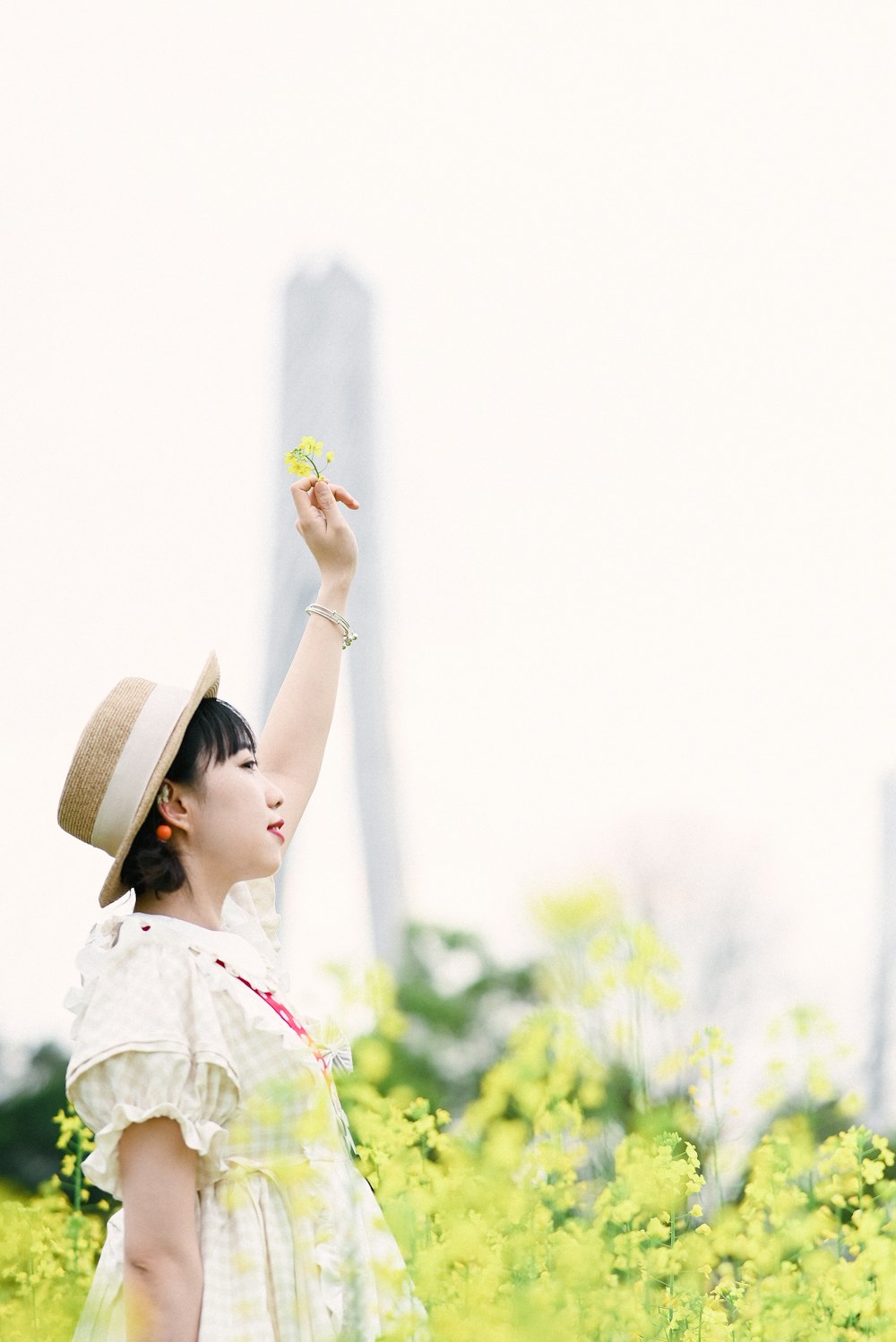 a woman in a field of yellow flowers