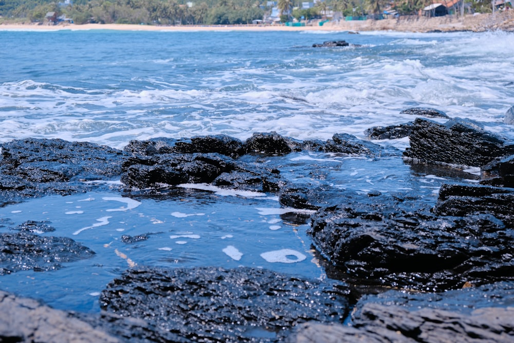 a large body of water sitting next to a rocky shore