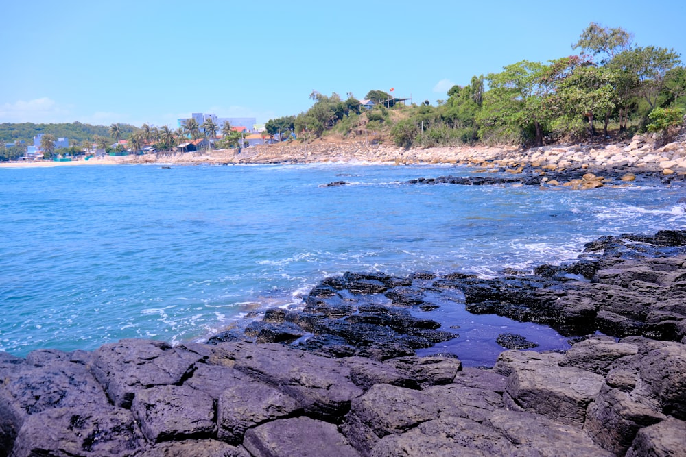 a rocky shore line with a body of water