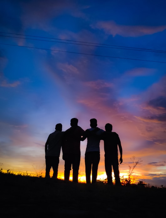 A scenic outdoor shot of the quartet standing together at sunset, instruments in hand