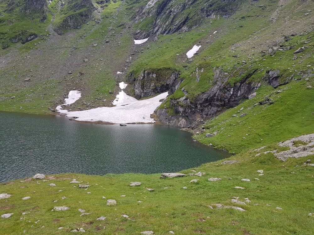 a mountain lake surrounded by grass and rocks