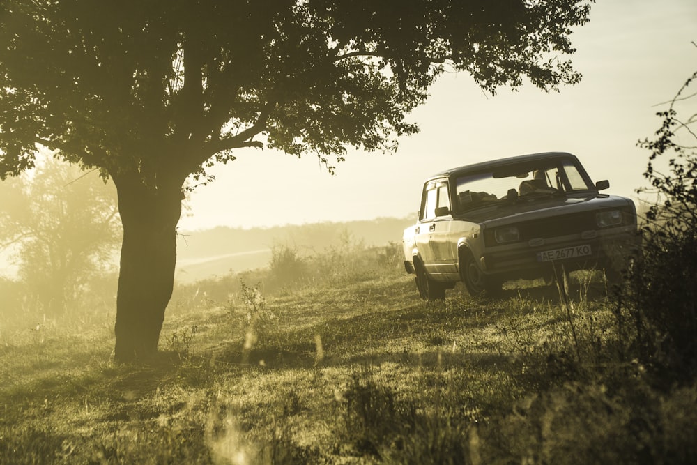 a small truck parked in a field next to a tree