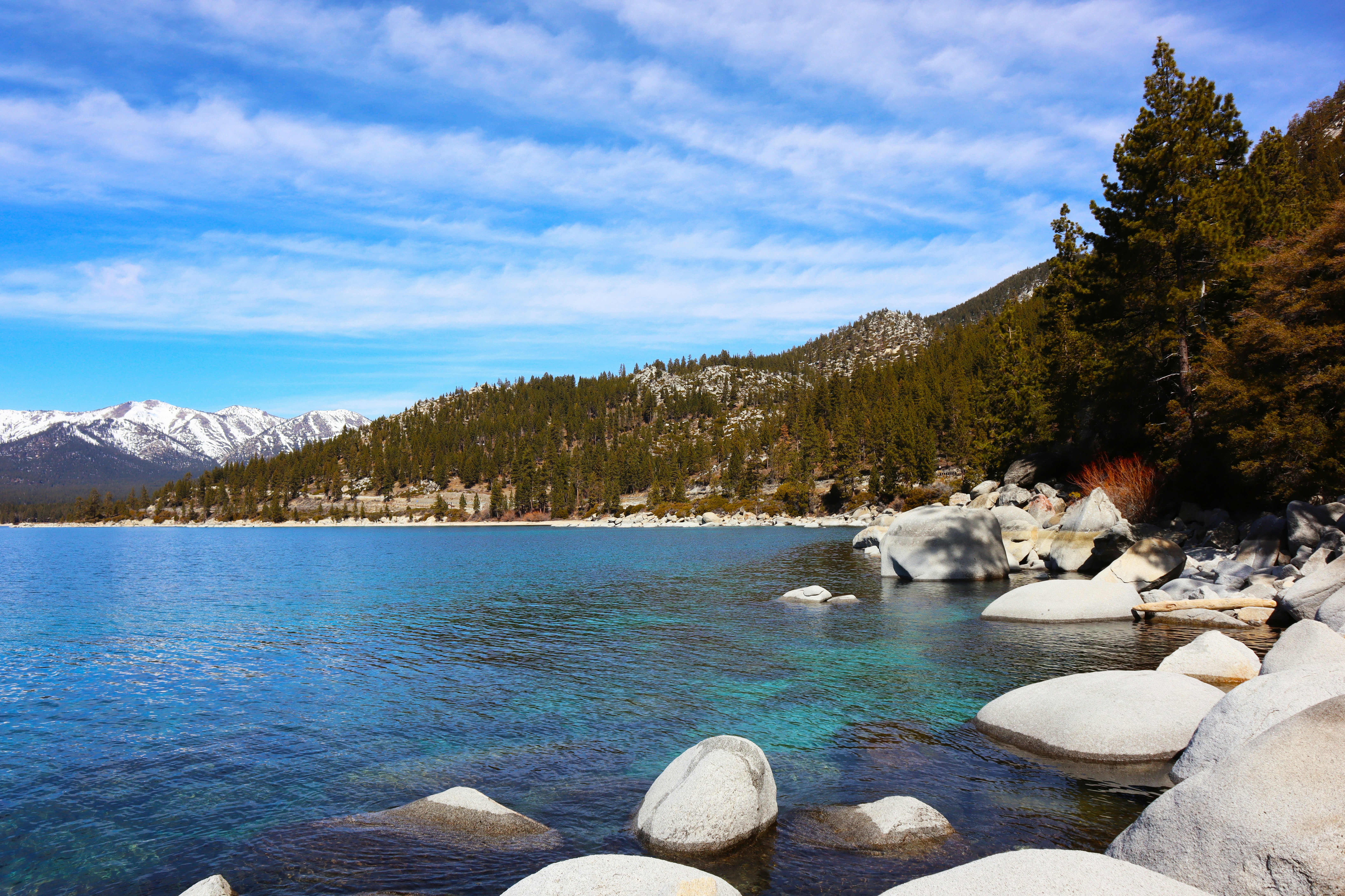 a body of water surrounded by rocks and trees