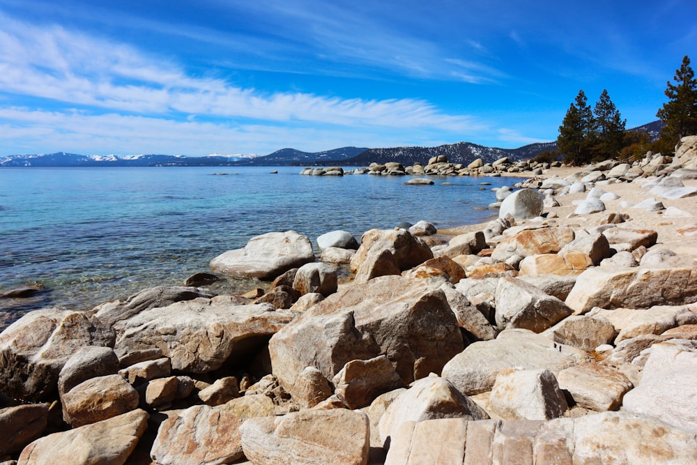 a rocky beach with a body of water and mountains in the background