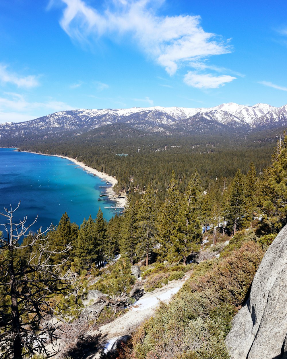 a scenic view of a lake and mountains