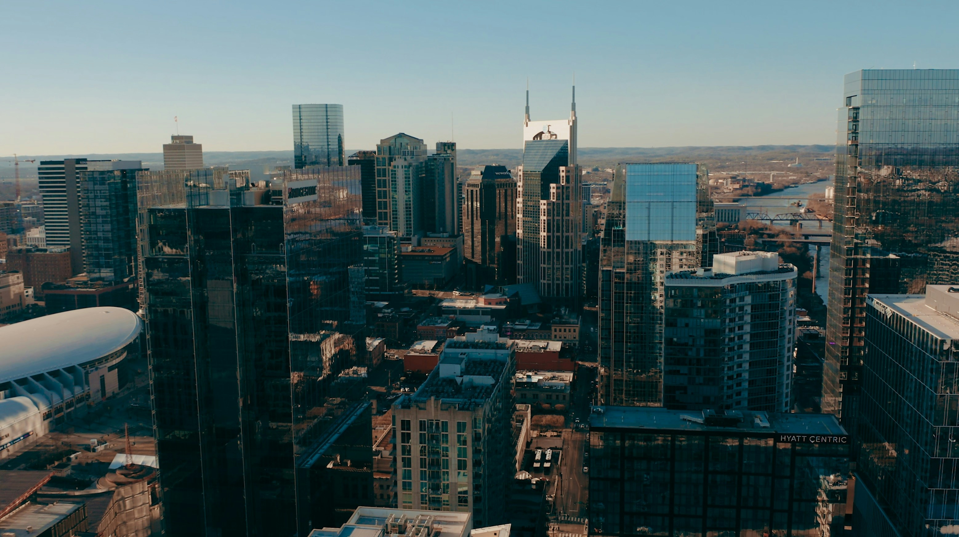Still from drone shot of downtown Nashville