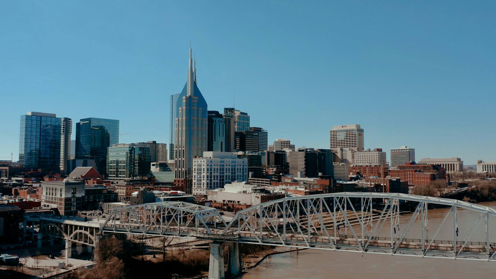 Nashville skyline at dusk above the Cumberland River