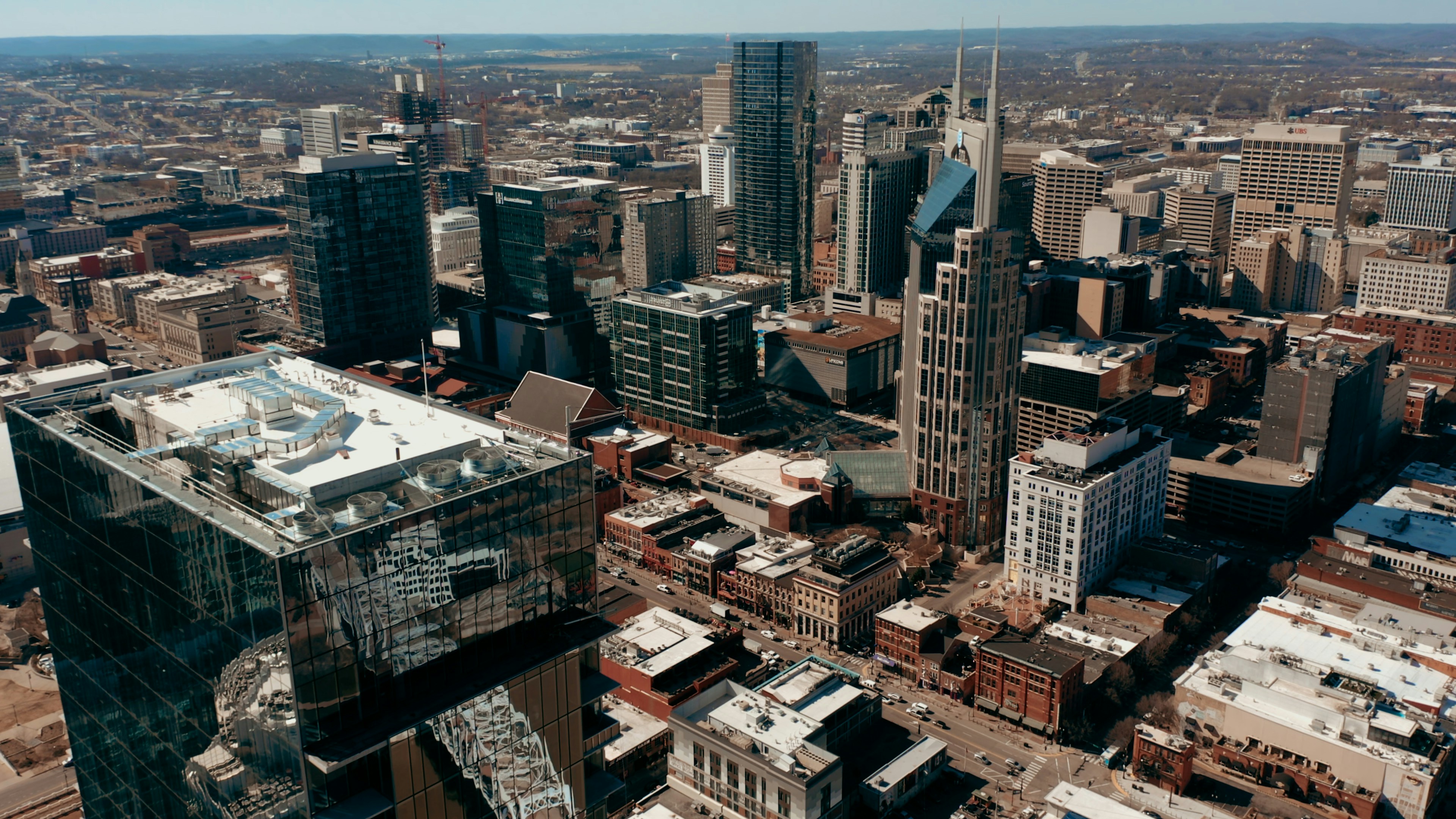 Still from drone shot of downtown Nashville