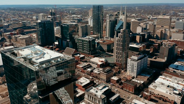 An aerial view of a city with tall buildings — Nashville, United States