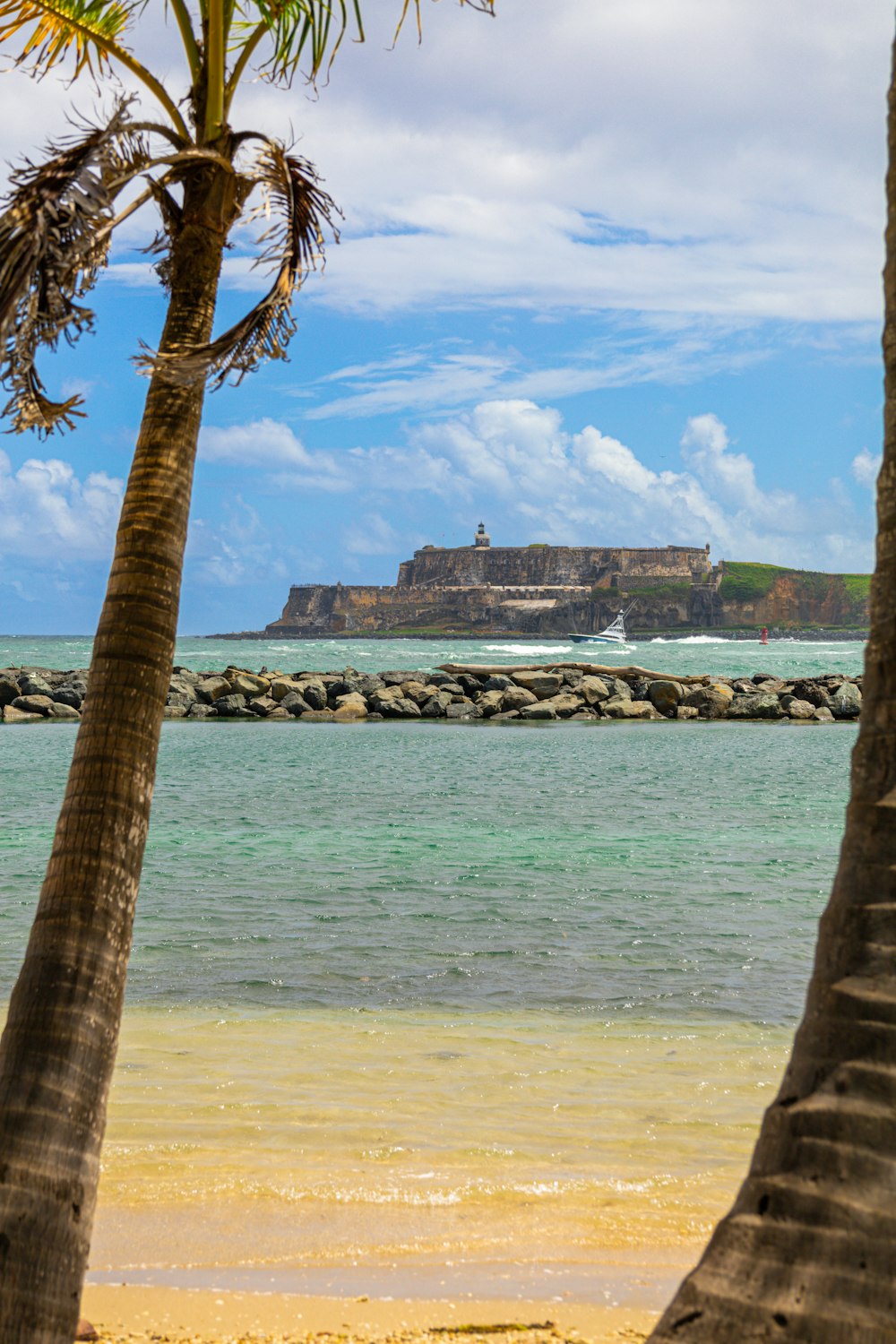 a beach with palm trees and a lighthouse in the distance