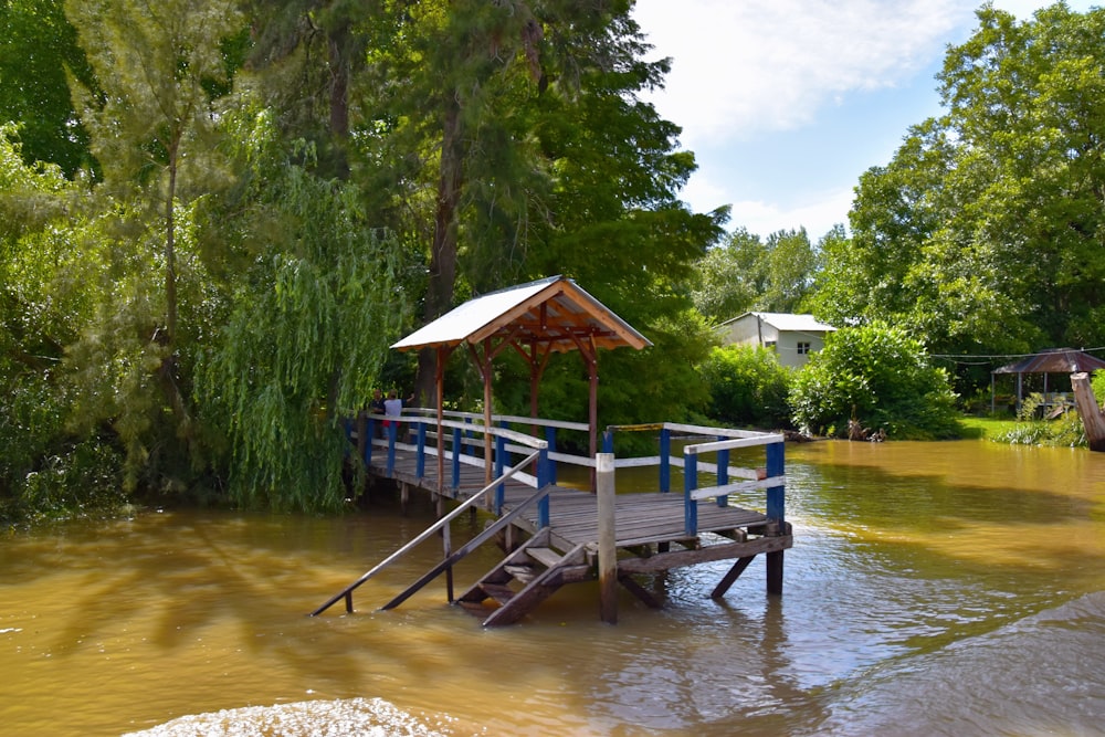 a wooden dock sitting in a river next to a forest