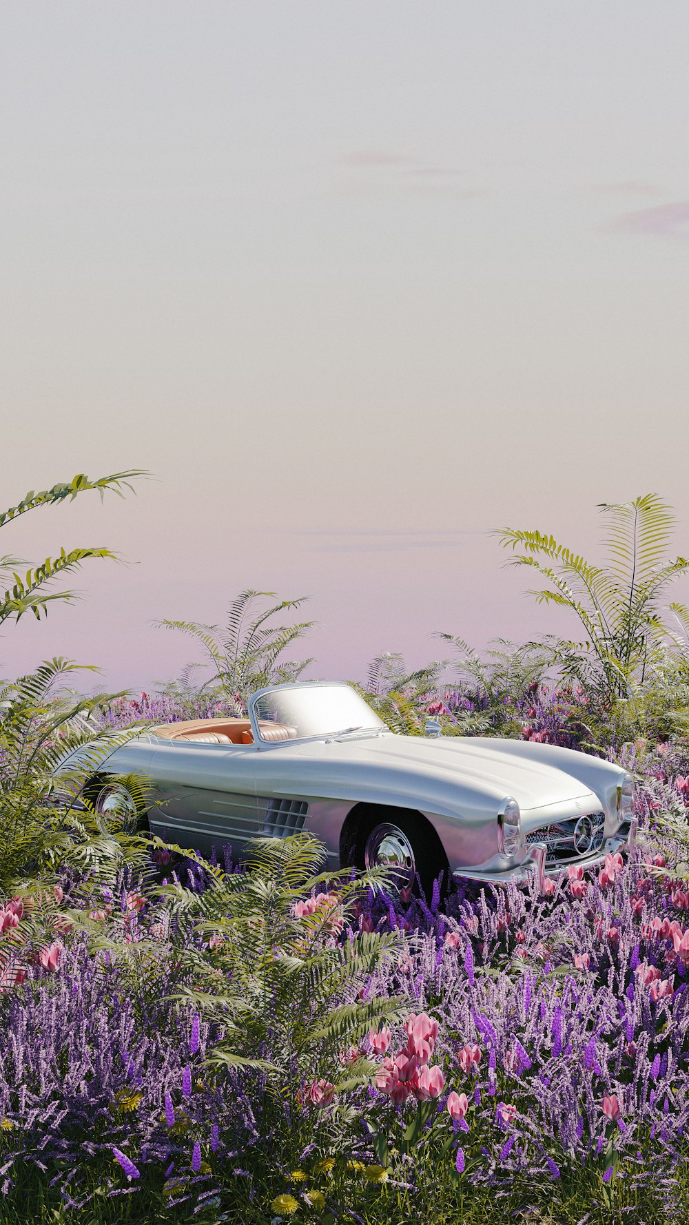 a car is parked in a field of flowers