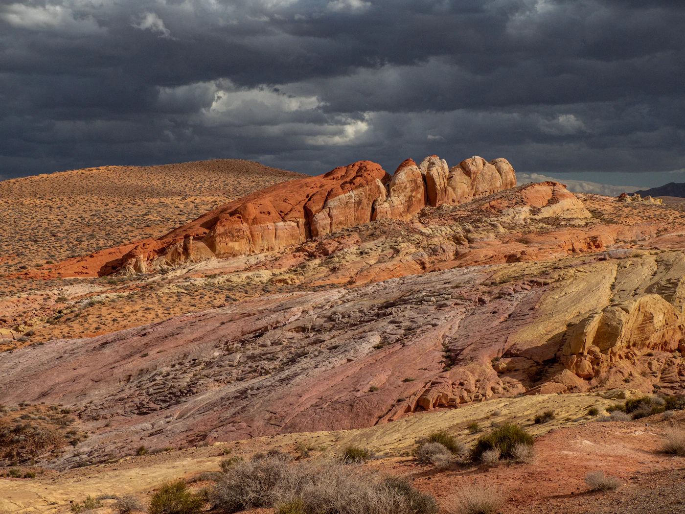 A rocky desert landscape under a heavy cloudy sky