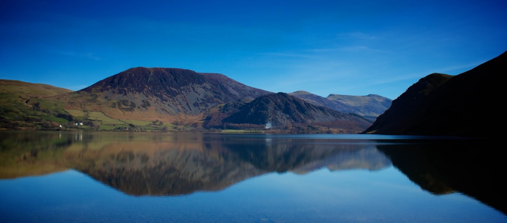 a lake with mountains in the background