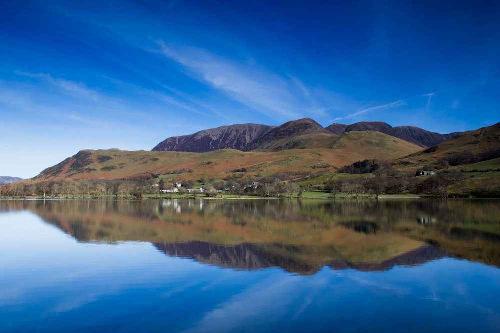 a lake with mountains in the background