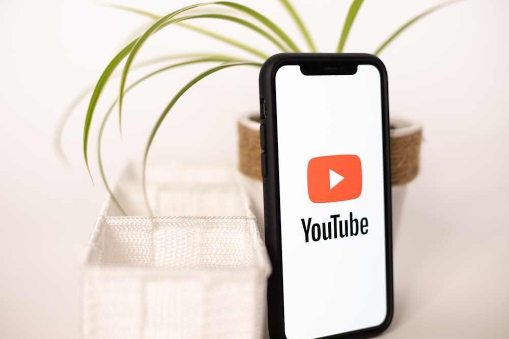 Un telefono con un logo YouTube accanto a una pianta in vaso