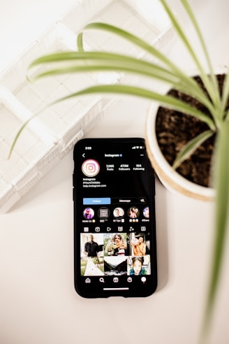 a cell phone sitting on top of a table next to a potted plant