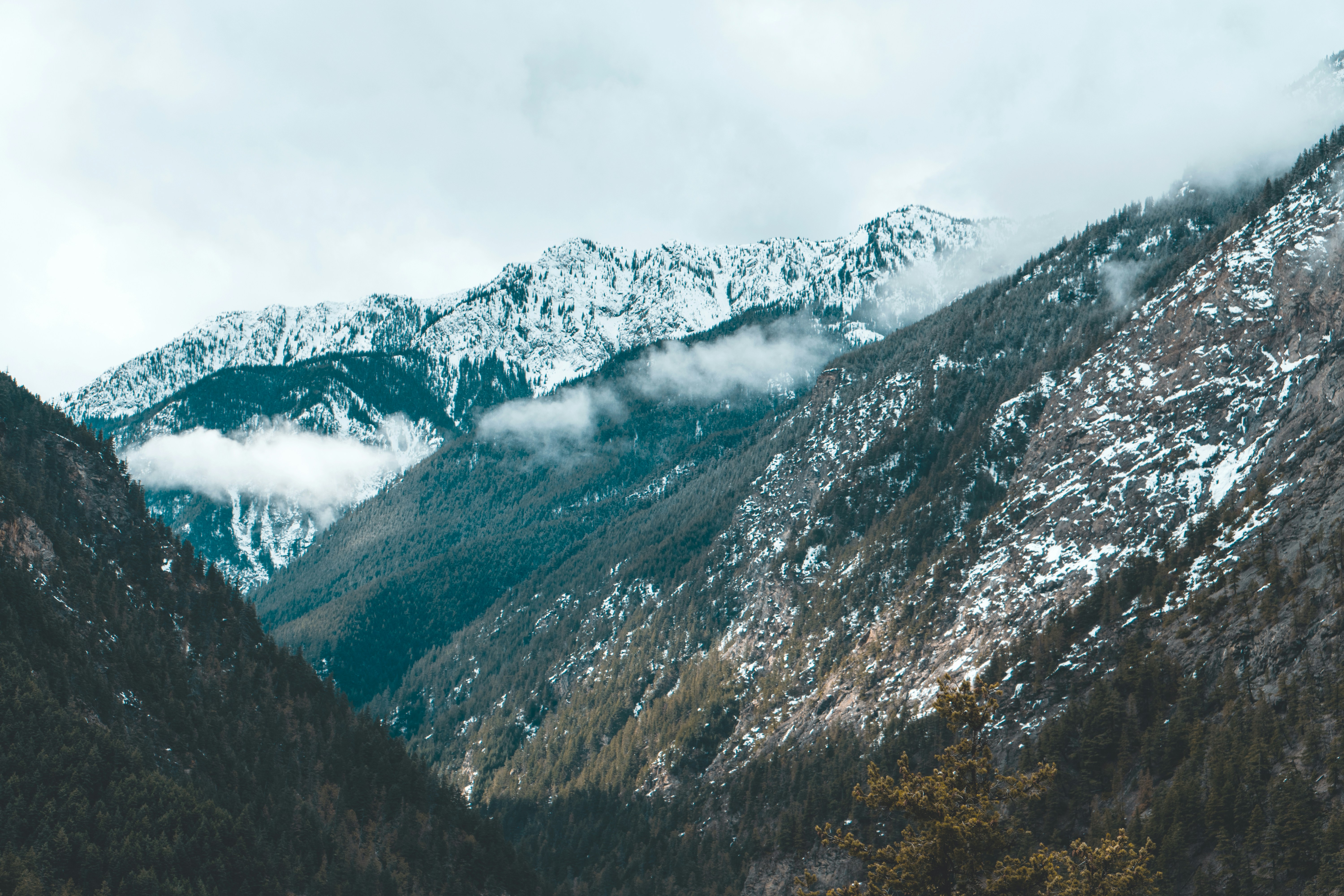 a view of a mountain range covered in snow