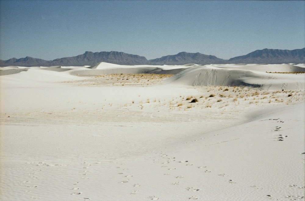 a view of a desert with footprints in the sand