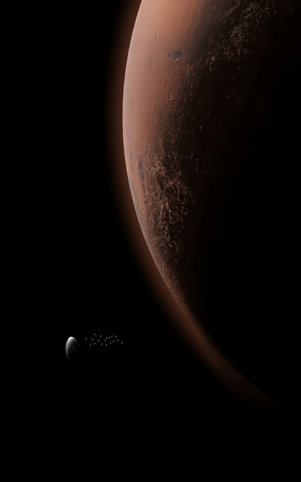 Ein roter Planet mit einem Mond im Hintergrund