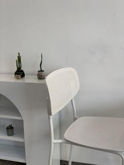 A minimalist room featuring a simple white chair with a perforated design and a white wall in the background. There are two small potted cactus plants placed on a white shelf, and a smaller plant is visible on a lower shelf.