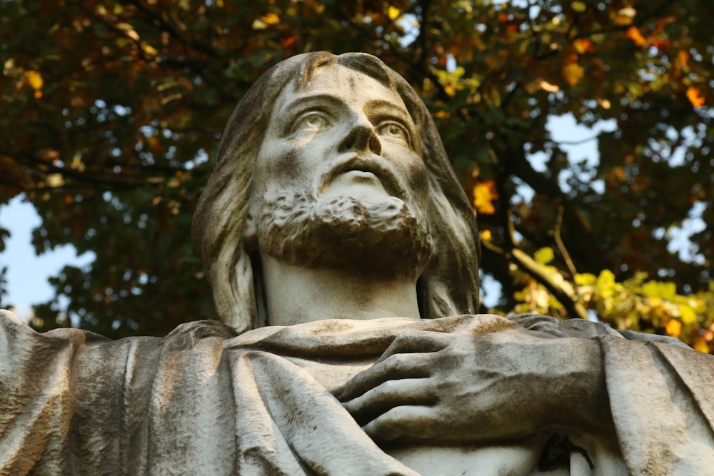 a close up of a statue of jesus with trees in the background