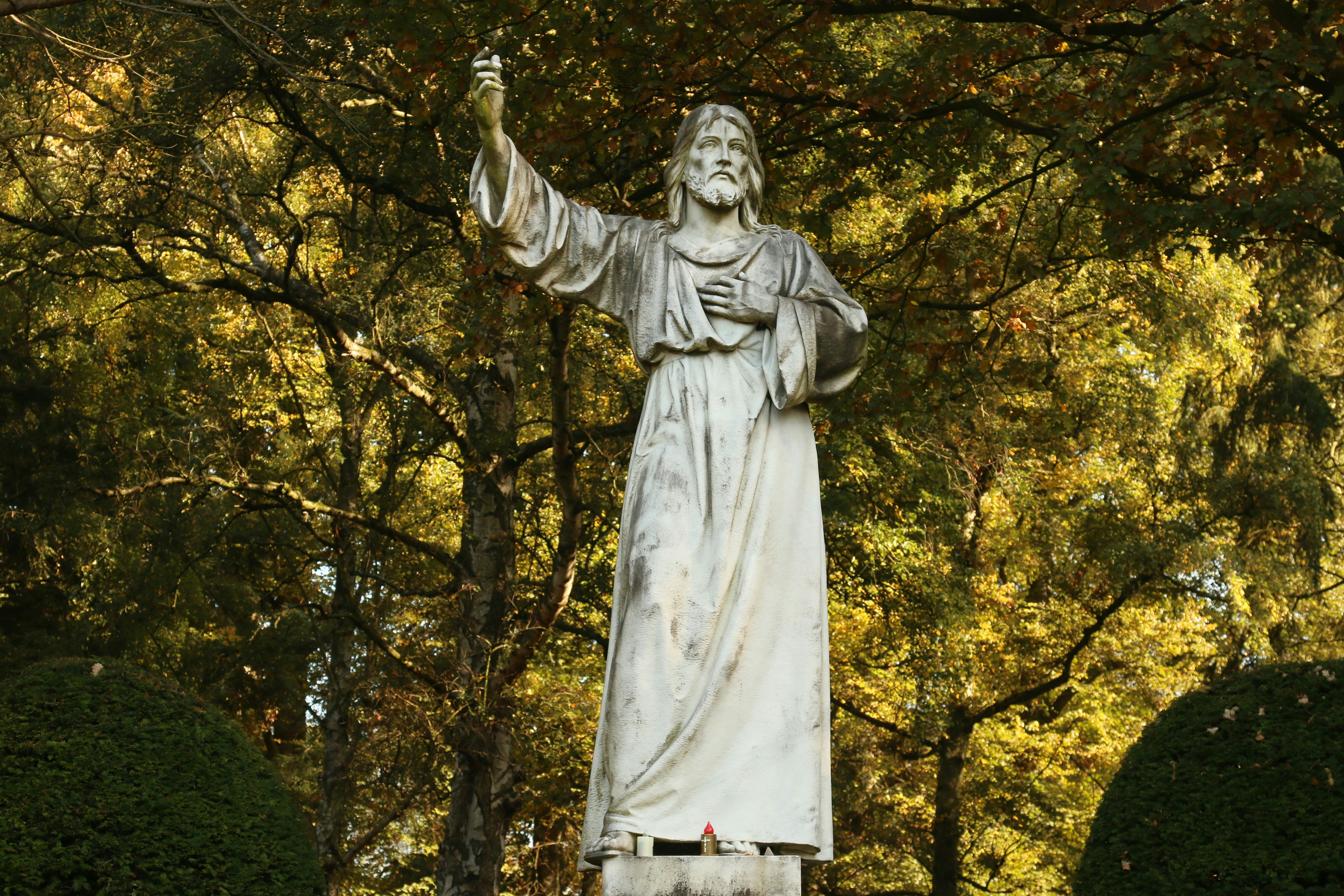 a statue of jesus in a park surrounded by trees
