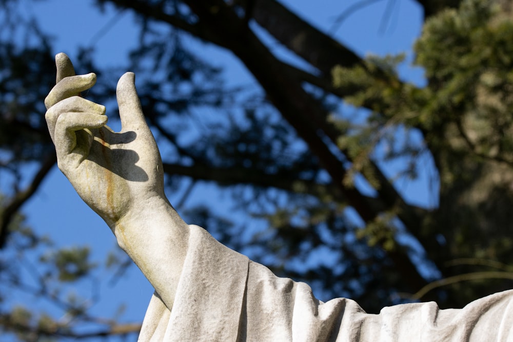 a close up of a statue of a person holding a peace sign