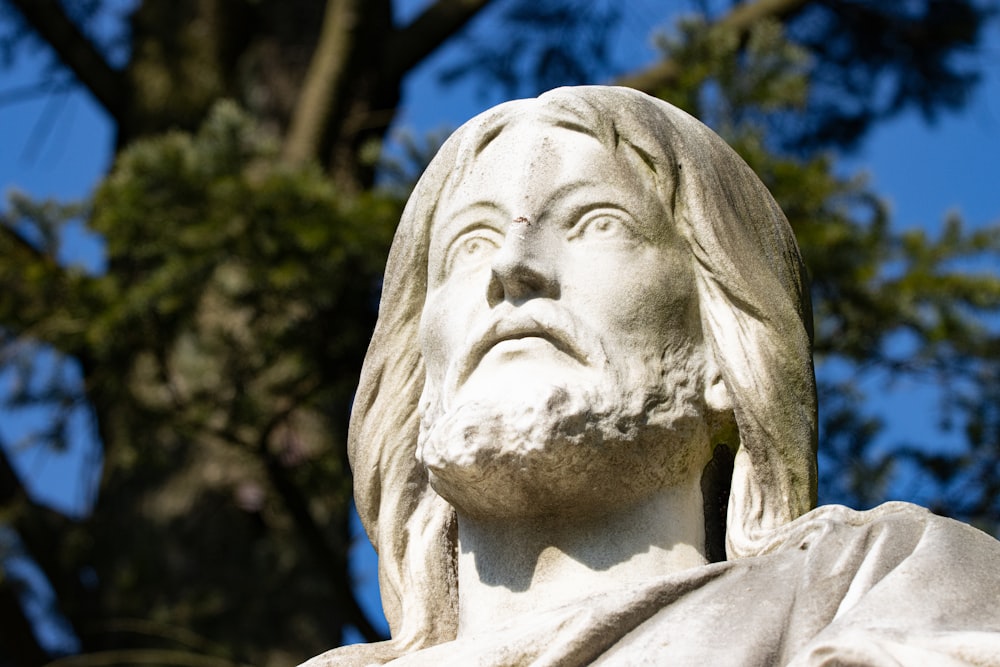 a close up of a statue of jesus with trees in the background