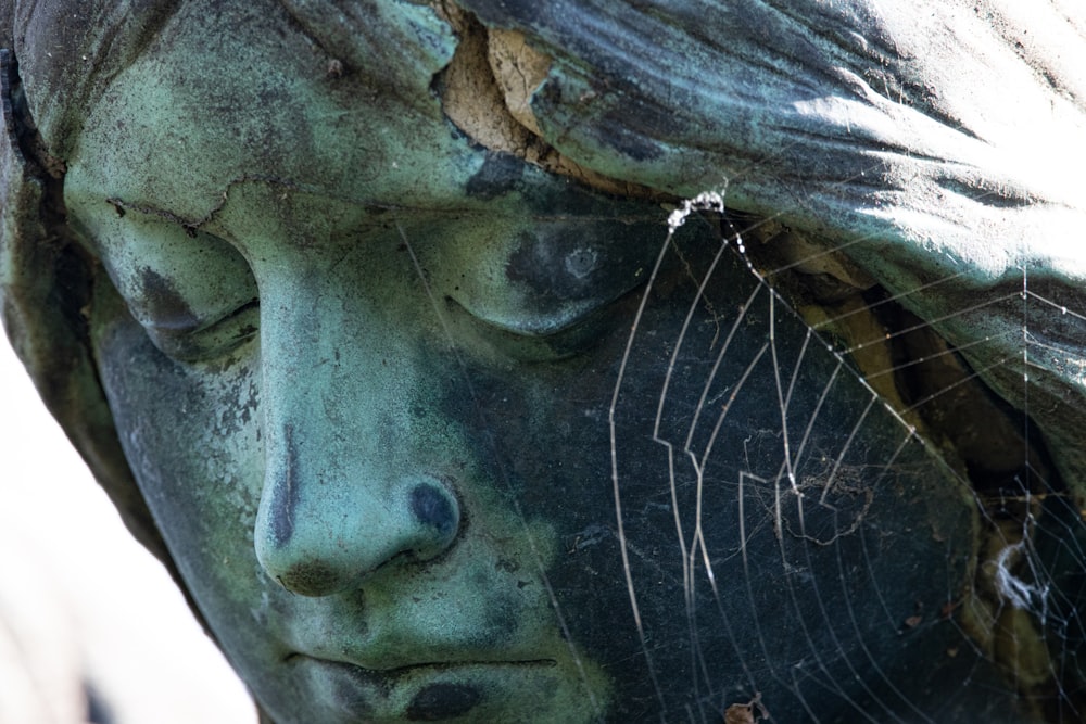 a close up of a statue of a woman with a spider web on her face