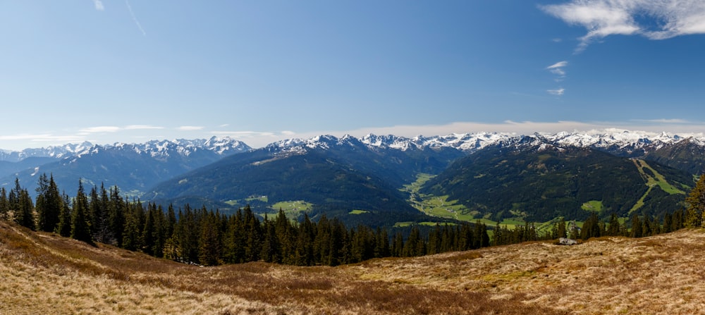 a scenic view of a mountain range with snow capped mountains in the distance