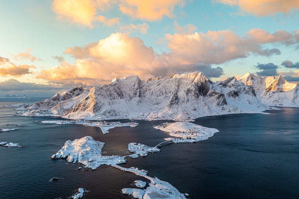 a large body of water surrounded by snow covered mountains