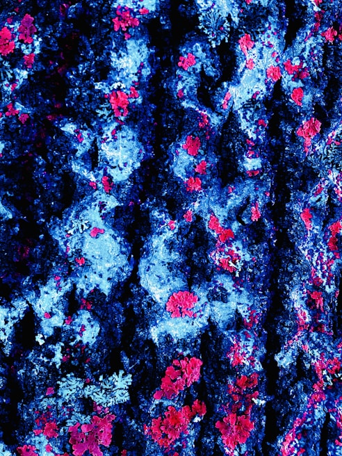 A close-up of a textured art piece with intricate details and vivid hues.