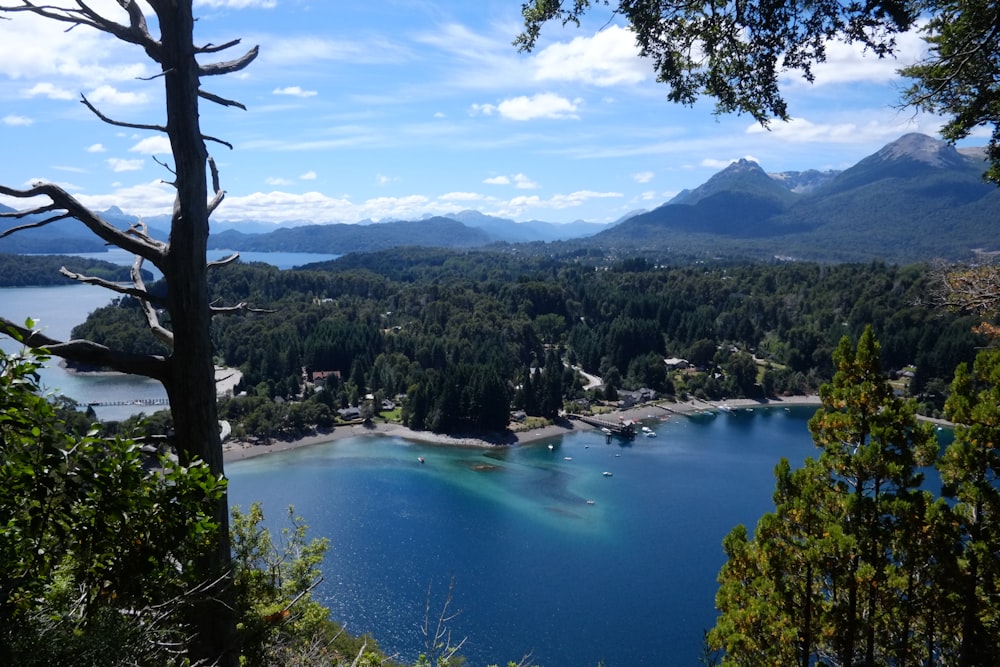 a scenic view of a lake surrounded by mountains