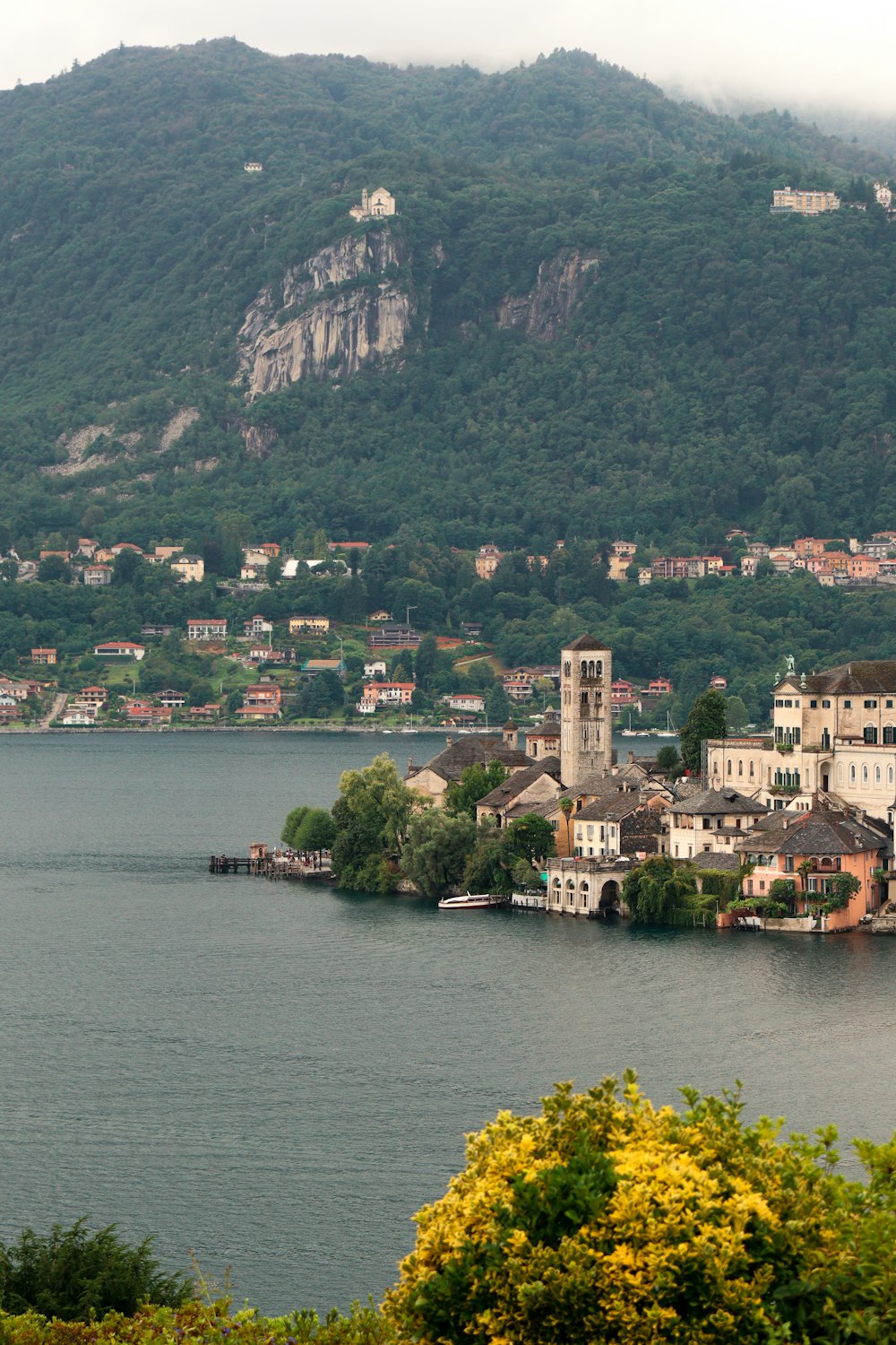 a village on a small island in the middle of a lake