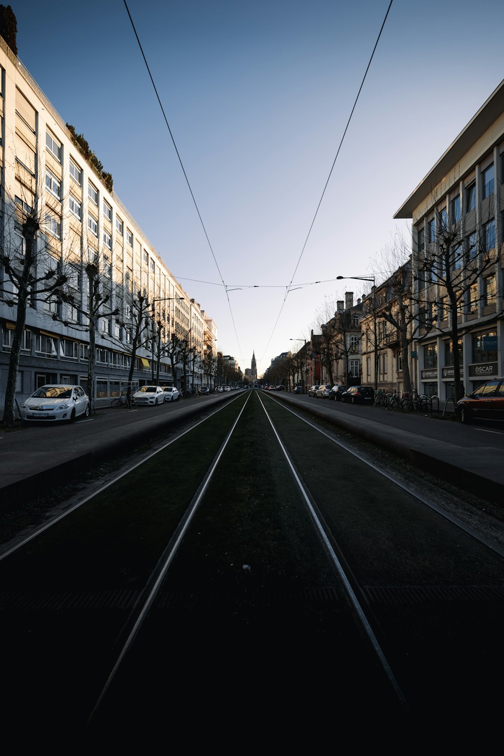 a train track running through a city street