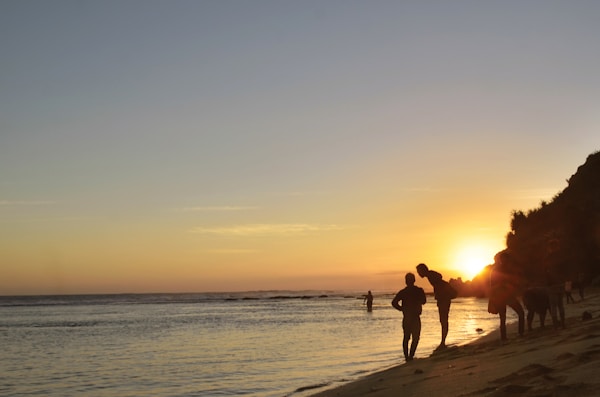 a group of people standing on top of a beach next to the ocean