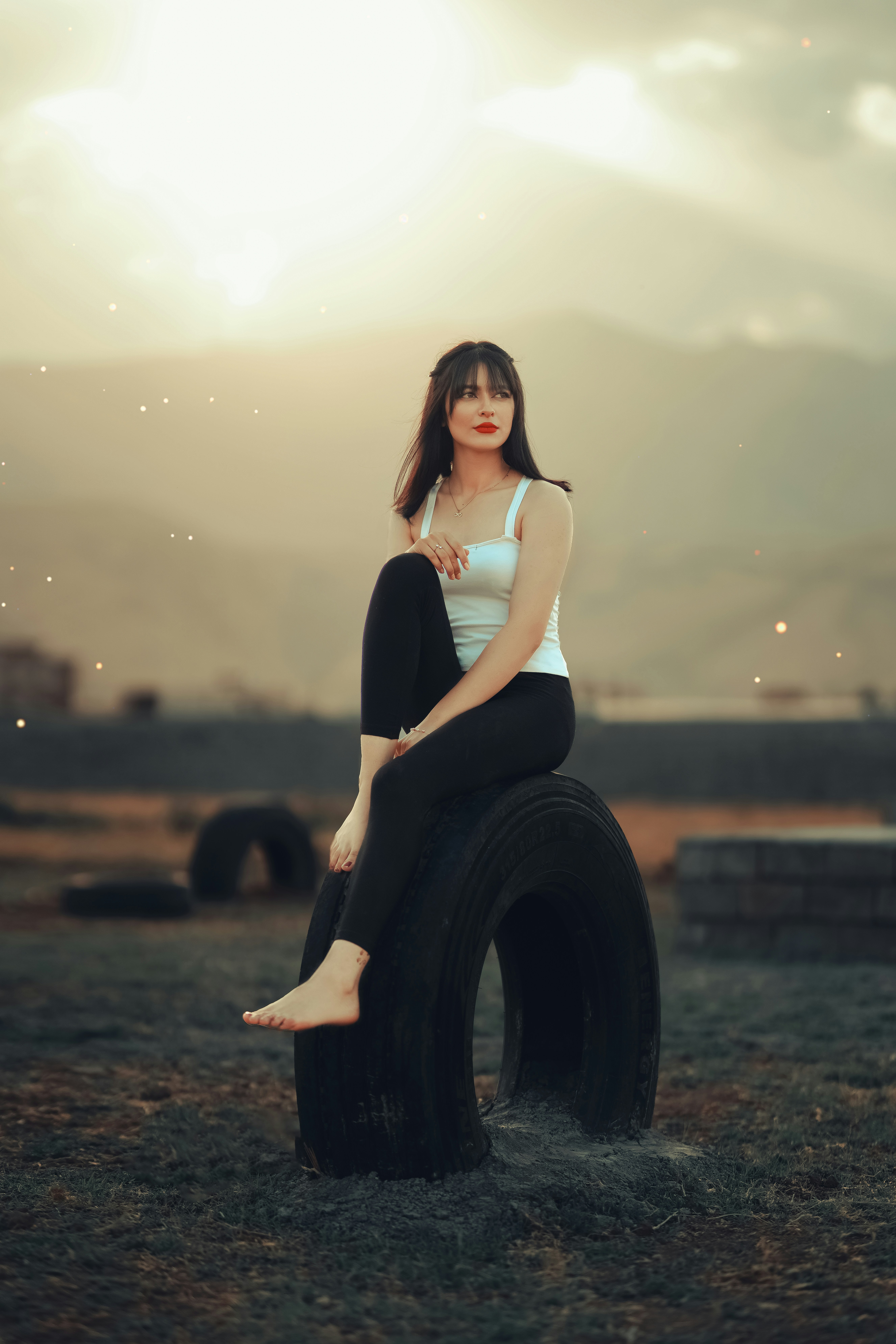 Eine Frau sitzt auf einem Reifen auf einem Feld