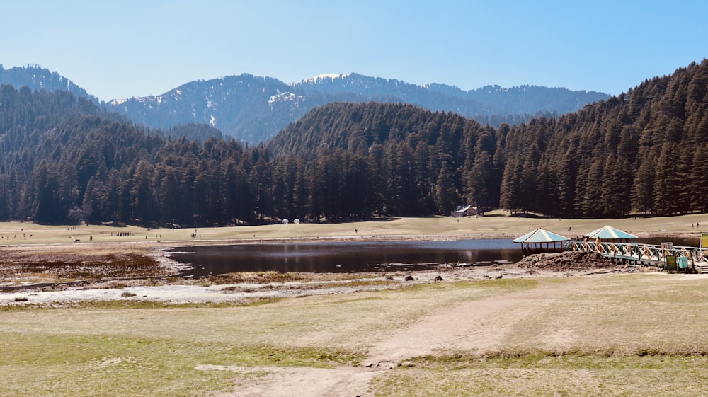 a field with a lake and mountains in the background